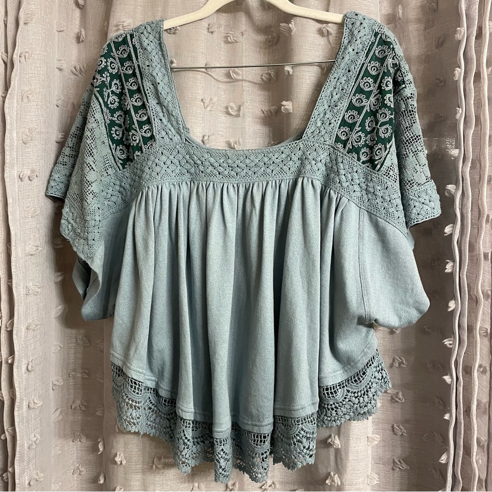 Free People Teal and Green Lace Blouse